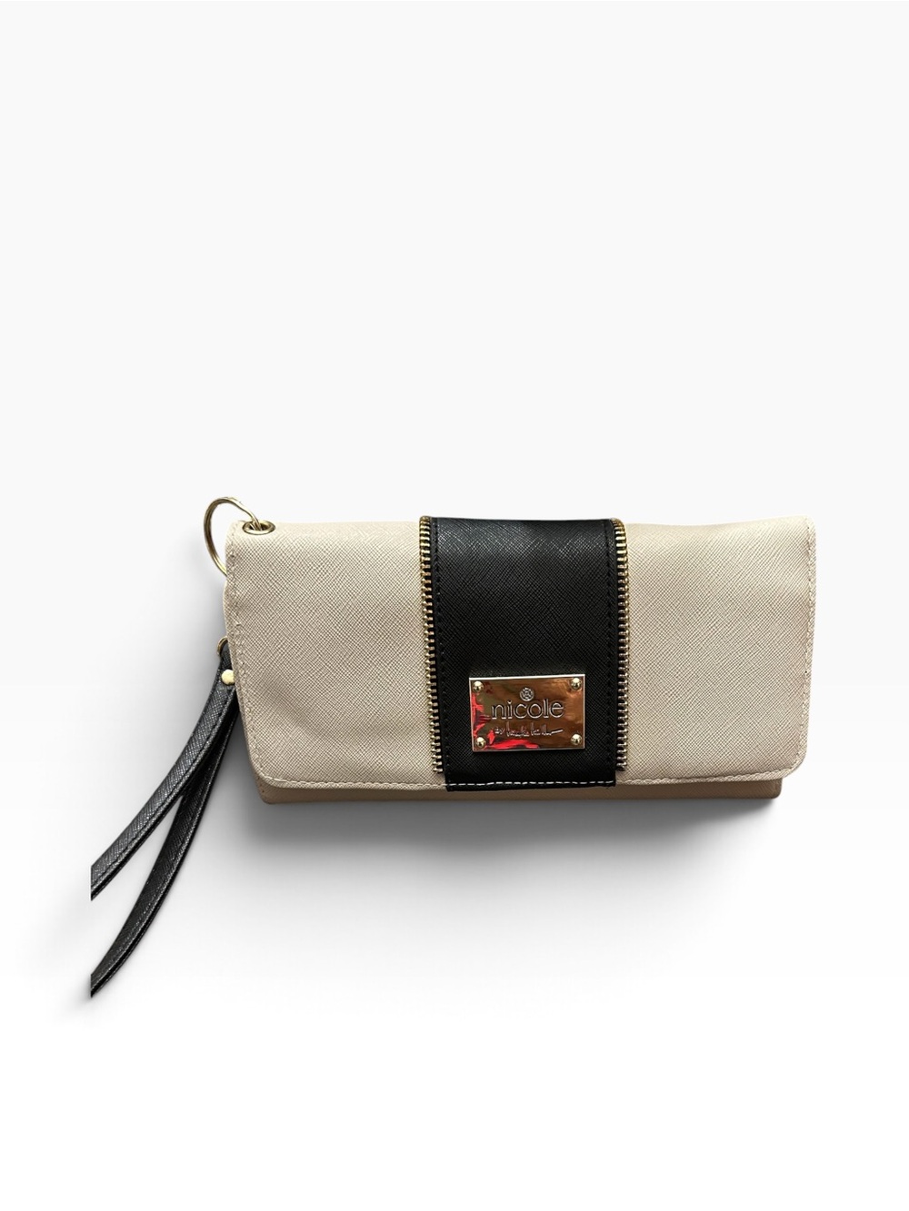 Nicole Miller Cream and Black Wristlet Clutch with Gold Plate